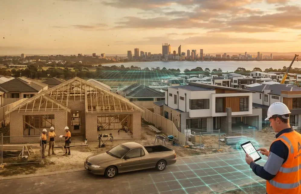 A builder using ClickHome on a tablet at an Australian residential construction site, with new homes and the Perth skyline behind